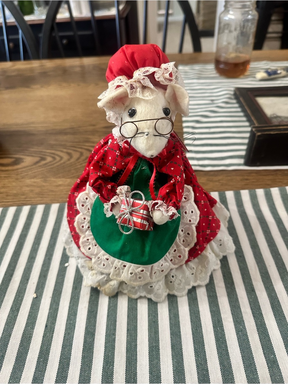 Vintage Holiday mom Mouse Figure in Red and Green with glasses and present